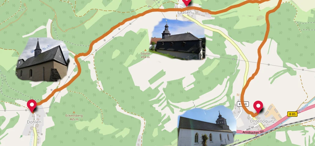 Karte mit Fotos der Kirchen Döhlen, Laasen, Unterloquitz